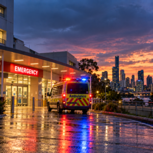 AI-generated contextual illustration of an ambulance outside an emergency department; not the Brisbane incident.