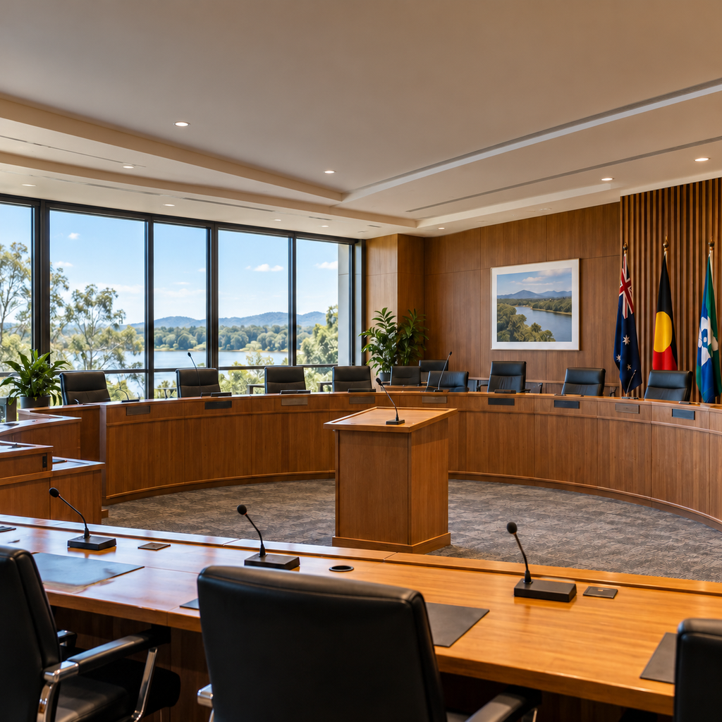 AI-generated contextual illustration of an empty Australian local council meeting room; not the actual Clarence Valley chamber.