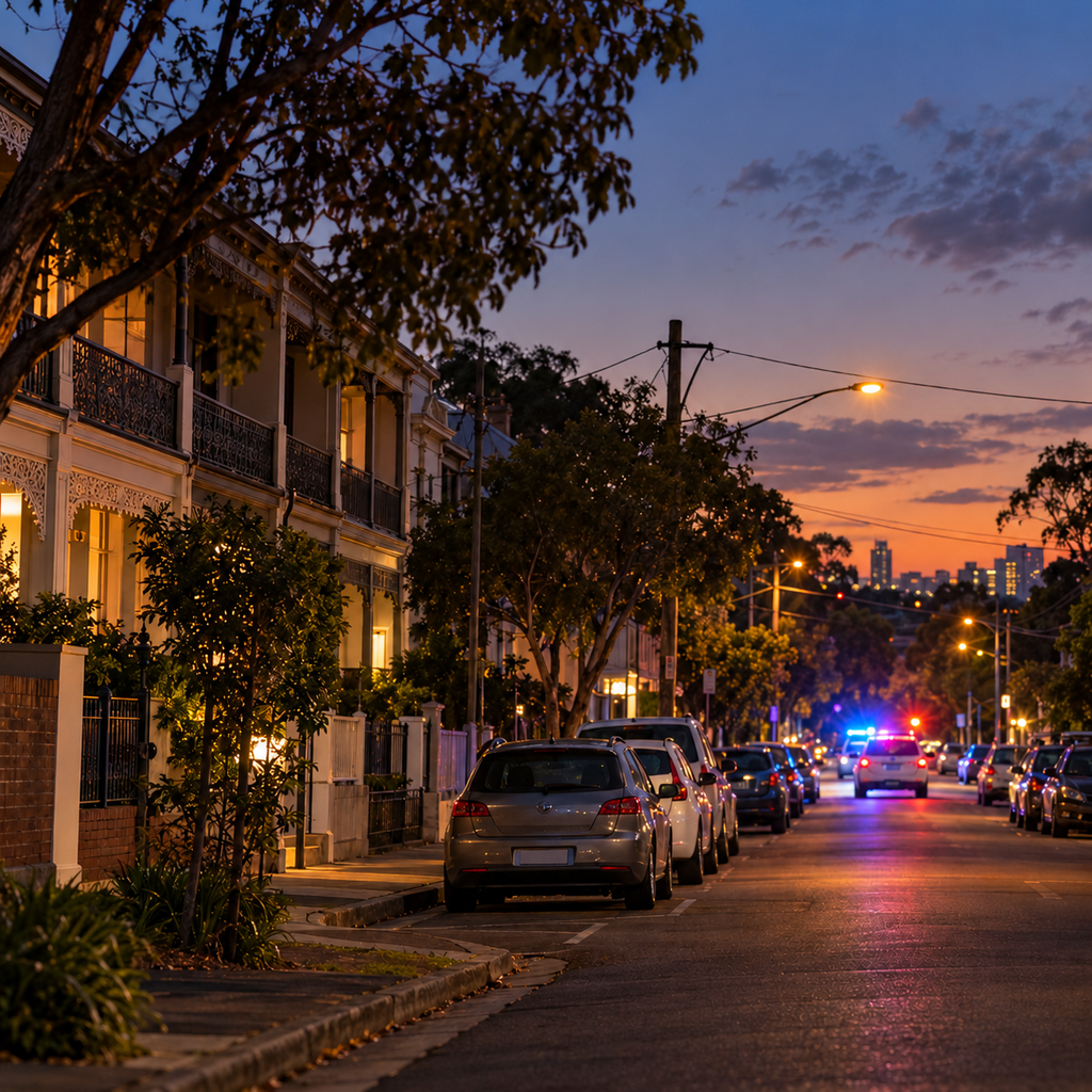 AI-generated contextual illustration of a Sydney suburban street with emergency vehicles; not the actual police scene.