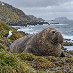 Illustration of a southern elephant seal and a gull on a subantarctic shore.