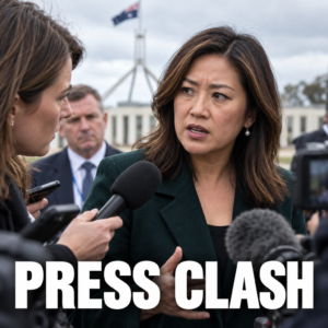 Editorial illustration of Elizabeth Lee speaking to journalists during a political press encounter