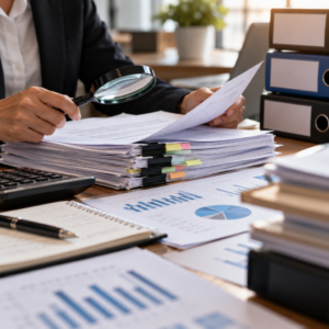Illustration of financial grant records being reviewed at an office desk.