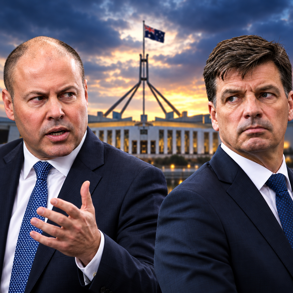 Editorial composite of Josh Frydenberg and Angus Taylor with Australian Parliament House in the background.