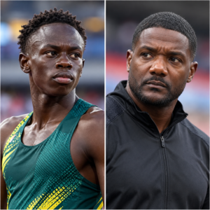 Editorial split portrait illustration of sprinters Gout Gout and Justin Gatlin