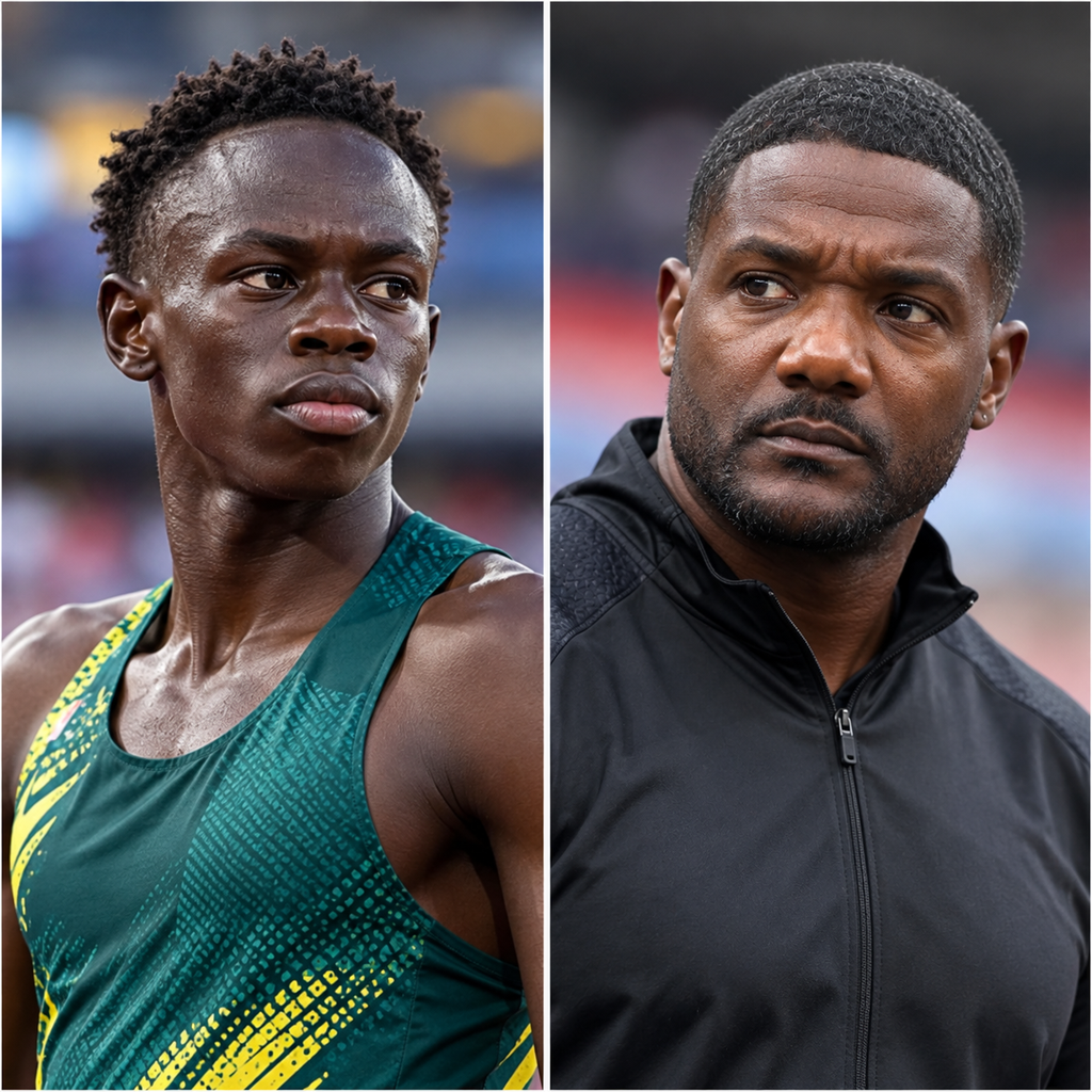 Editorial split portrait illustration of sprinters Gout Gout and Justin Gatlin
