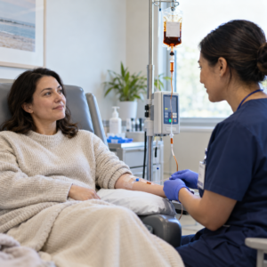 Illustration of an intravenous infusion being administered in a medical clinic.