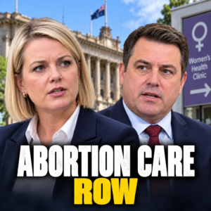 Separate editorial portraits of Jess Wilson and Ben Carroll with Victorian Parliament and women's healthcare signage.