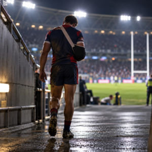AI-generated contextual illustration of an unidentified rugby league player from behind walking off the field with his arm in a sling; not a photograph of Kalyn Ponga.