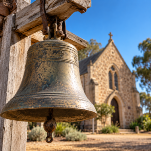 AI-generated symbolic illustration of an antique brass bell near a church; not the stolen Mallala bell.