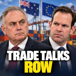 Separate editorial portraits of Don Farrell and Matt Canavan with Australian and European trade imagery.
