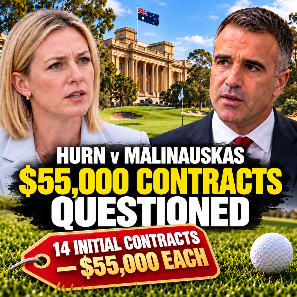 Editorial illustration of Ashton Hurn and Peter Malinauskas with North Adelaide golf course and the 14 initial $55,000 consultancy contracts.