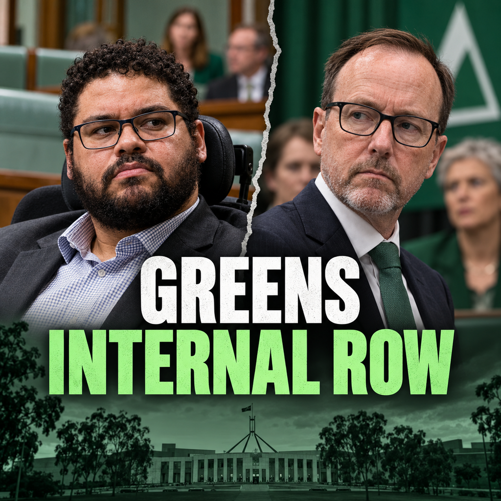 Editorial composite of Jordon Steele-John and David Shoebridge against Parliament House and Greens imagery.