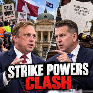 Editorial composite of Steven Miles and Jarrod Bleijie with Queensland Parliament and industrial relations imagery.
