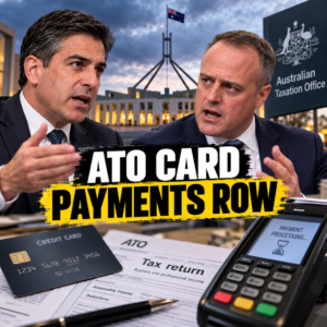 Editorial composite of Daniel Mulino and Tim Wilson with Australian Taxation Office card payment imagery.