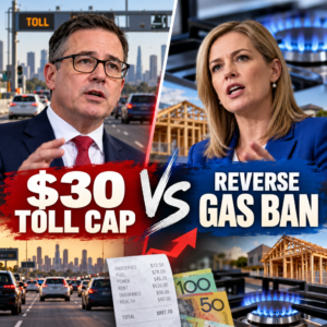 Editorial composite of Ben Carroll and Jess Wilson with Victorian toll road and household gas imagery.