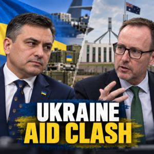 Editorial composite of Vasyl Myroshnychenko and David Shoebridge with Ukrainian flag and aid policy imagery.