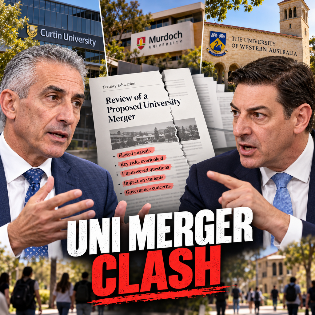 Editorial composite of Tony Buti and Basil Zempilas with Western Australian university campuses, illustrating the proposed three-university merger.