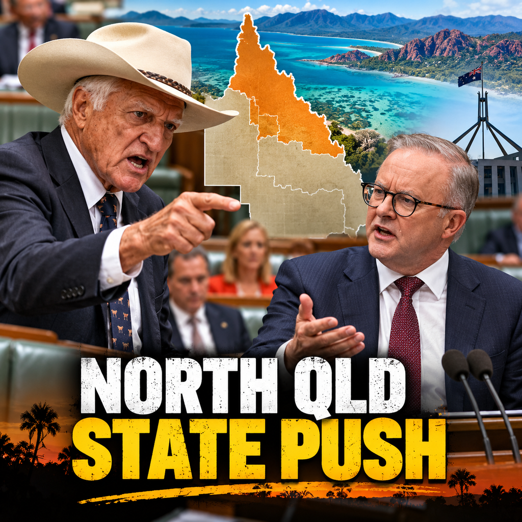 Editorial composite of Bob Katter and Anthony Albanese with North Queensland map and Australian Parliament.