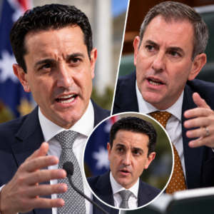 AI-assisted editorial collage of Queensland Premier David Crisafulli and Treasurer Jim Chalmers, illustrating a proposed trust-tax dispute