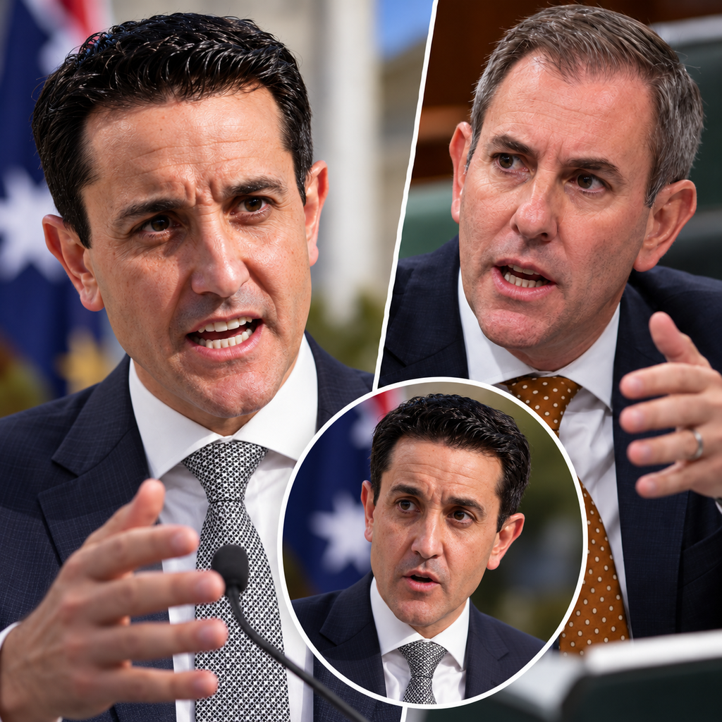 AI-assisted editorial collage of David Crisafulli and Jim Chalmers illustrating proposed trust-tax changes