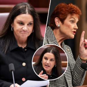 AI-assisted editorial collage of Jacqui Lambie and Pauline Hanson, illustrating a dispute over a One Nation cartoon
