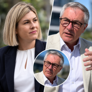 AI-assisted editorial collage of David Hayward and Jess Wilson, illustrating Victoria budget costings