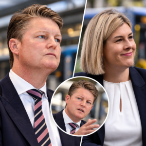AI-assisted editorial collage of Ben Carroll and Jess Wilson, illustrating Victorian public transport fare proposals