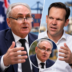 AI-assisted editorial collage of Don Farrell and Matt Canavan, illustrating the Australia–EU trade debate