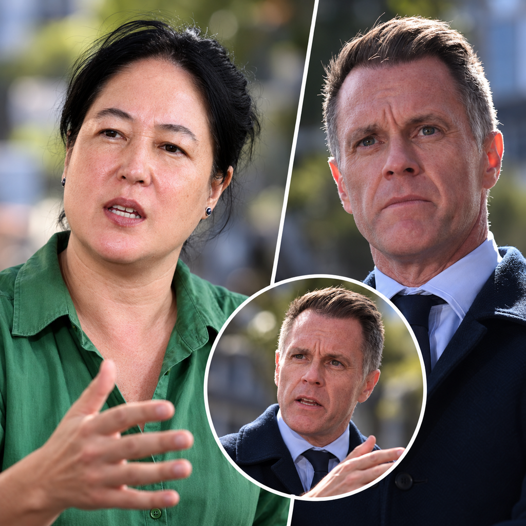 AI-assisted editorial collage of Jenny Leong and Chris Minns, illustrating the proposed New South Wales rent freeze