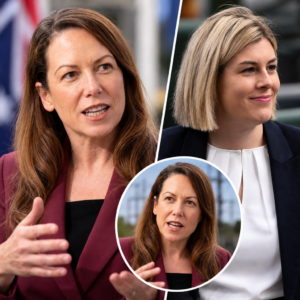 AI-assisted editorial collage of Jaclyn Symes and Jess Wilson, illustrating the VNI West energy infrastructure debate