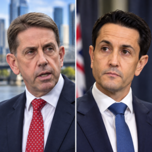 AI-generated illustration: Cameron Dick and David Crisafulli in Queensland crime policy debate