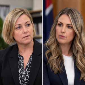 AI-generated illustration: Katherine Hayes and Laura Gerber in Queensland youth bail funding dispute