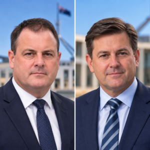 AI-generated editorial illustration: separate portraits of Llew O'Brien and Milton Dick
