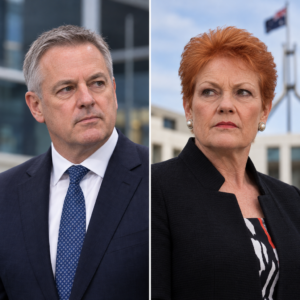 AI-generated editorial illustration: separate portraits of Hugh Marks and Pauline Hanson