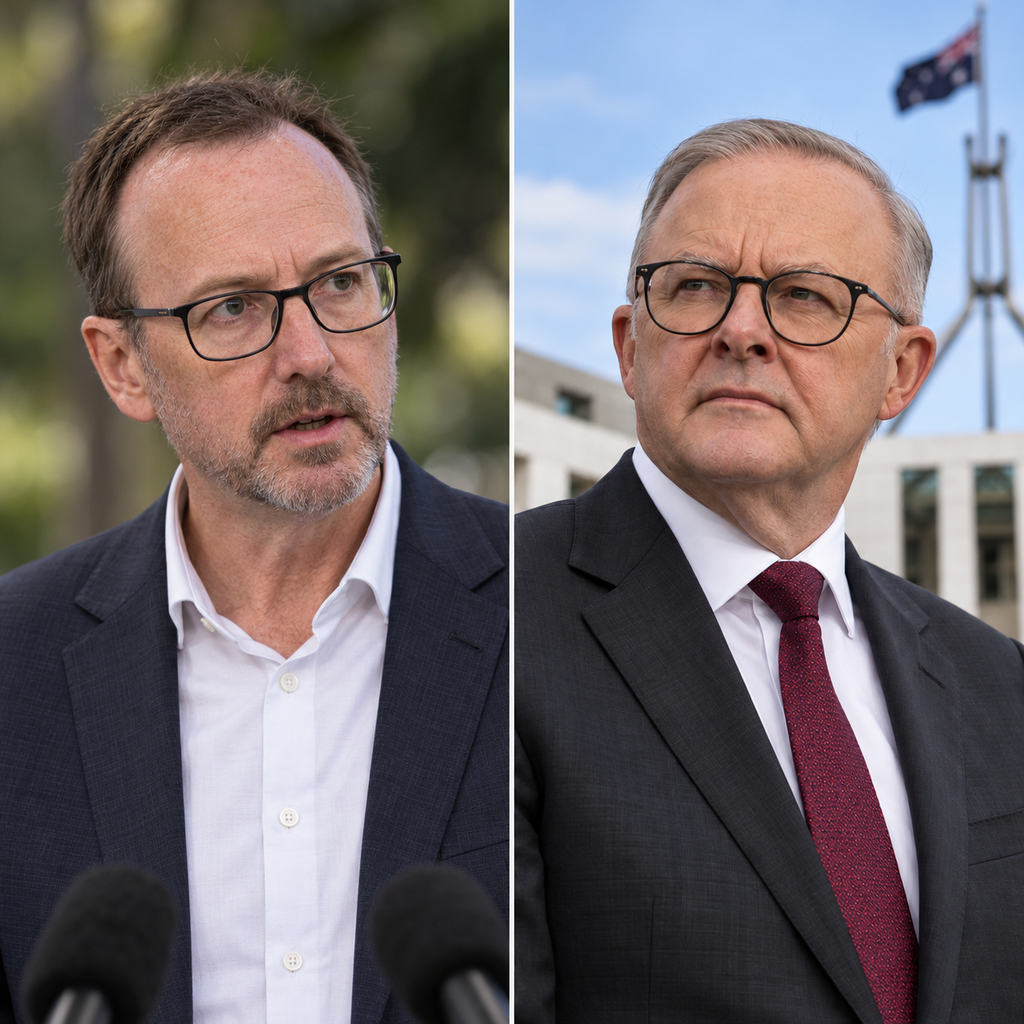 AI-generated editorial illustration: separate portraits of David Shoebridge and Anthony Albanese