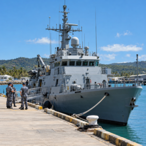 Illustration of a naval support vessel at a tropical wharf with uniformed personnel.