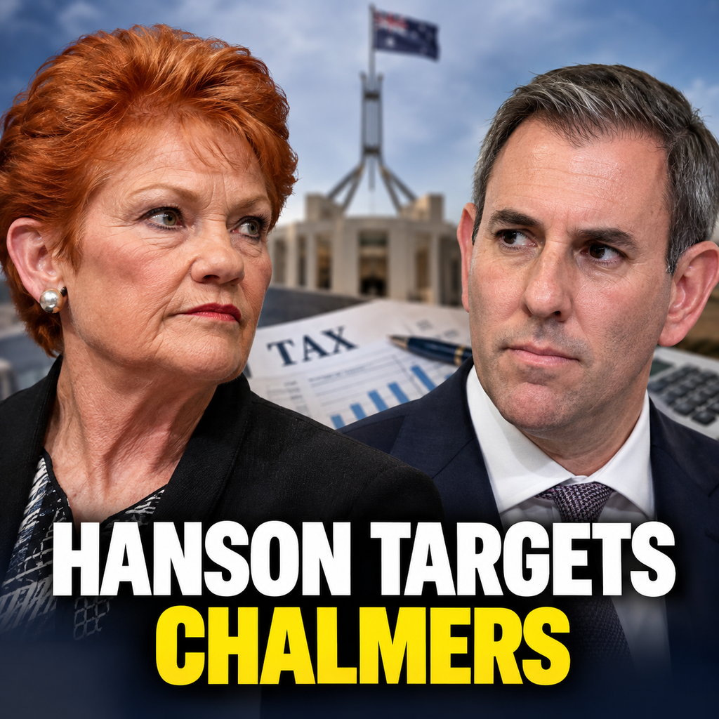 Editorial composite of Pauline Hanson and Jim Chalmers against an Australian business and tax backdrop.