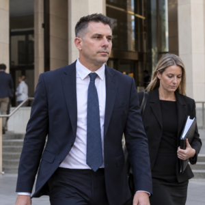 Illustration of unidentified adults outside a court building; not people in the reported case.