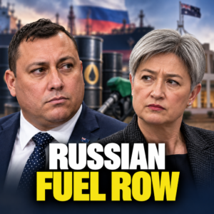 Separate editorial portraits of Ralph Babet and Penny Wong against an oil and fuel policy backdrop.