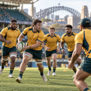 Illustration of rugby players practising on a field in Sydney; not the named players.