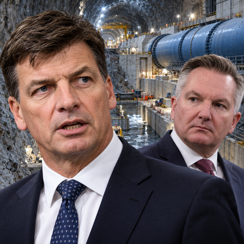 Editorial illustration of Angus Taylor and Chris Bowen with the Snowy 2.0 hydroelectric project