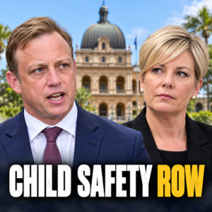 Separate editorial portraits of Steven Miles and Amanda Camm with Queensland Parliament in the background.