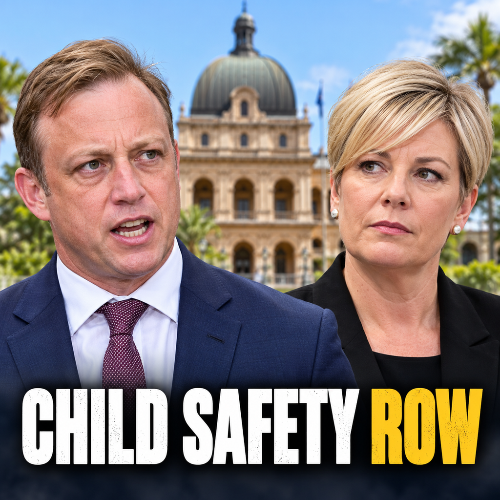 Separate editorial portraits of Steven Miles and Amanda Camm with Queensland Parliament in the background.