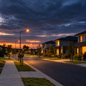 AI-generated contextual illustration of a Melbourne suburban street at dusk; not the actual shooting scene.