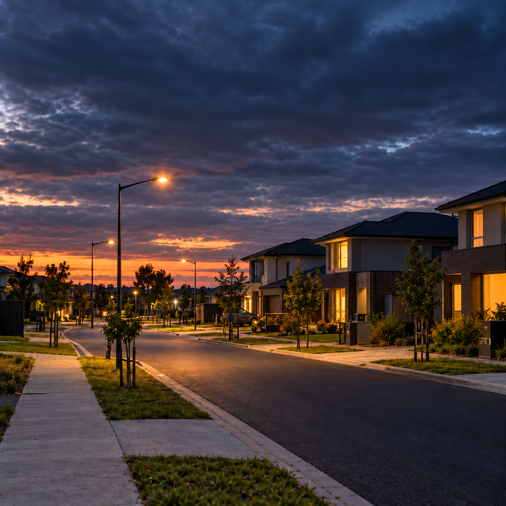 AI-generated contextual illustration of a Melbourne suburban street at dusk; not the actual shooting scene.