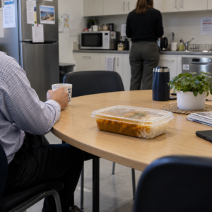 Illustration of a workplace break room with colleagues and a sealed takeaway curry container.