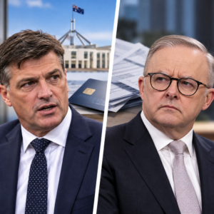 AI-generated illustration of Angus Taylor and Anthony Albanese in separate panels alongside credit card payment paperwork