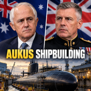Editorial illustration of Malcolm Turnbull and Major General Mark Totten against an AUKUS submarine shipyard