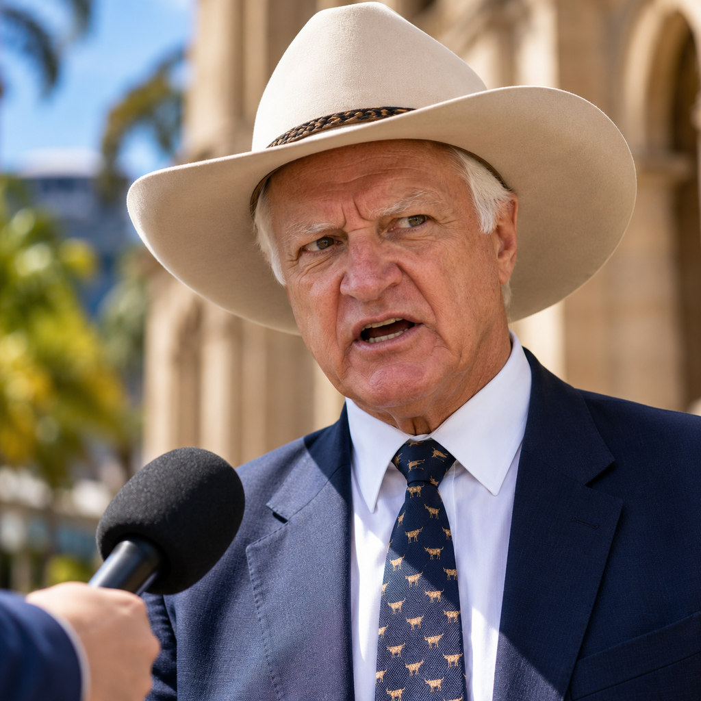Editorial illustration of Bob Katter responding to a journalist's question about migration and heritage