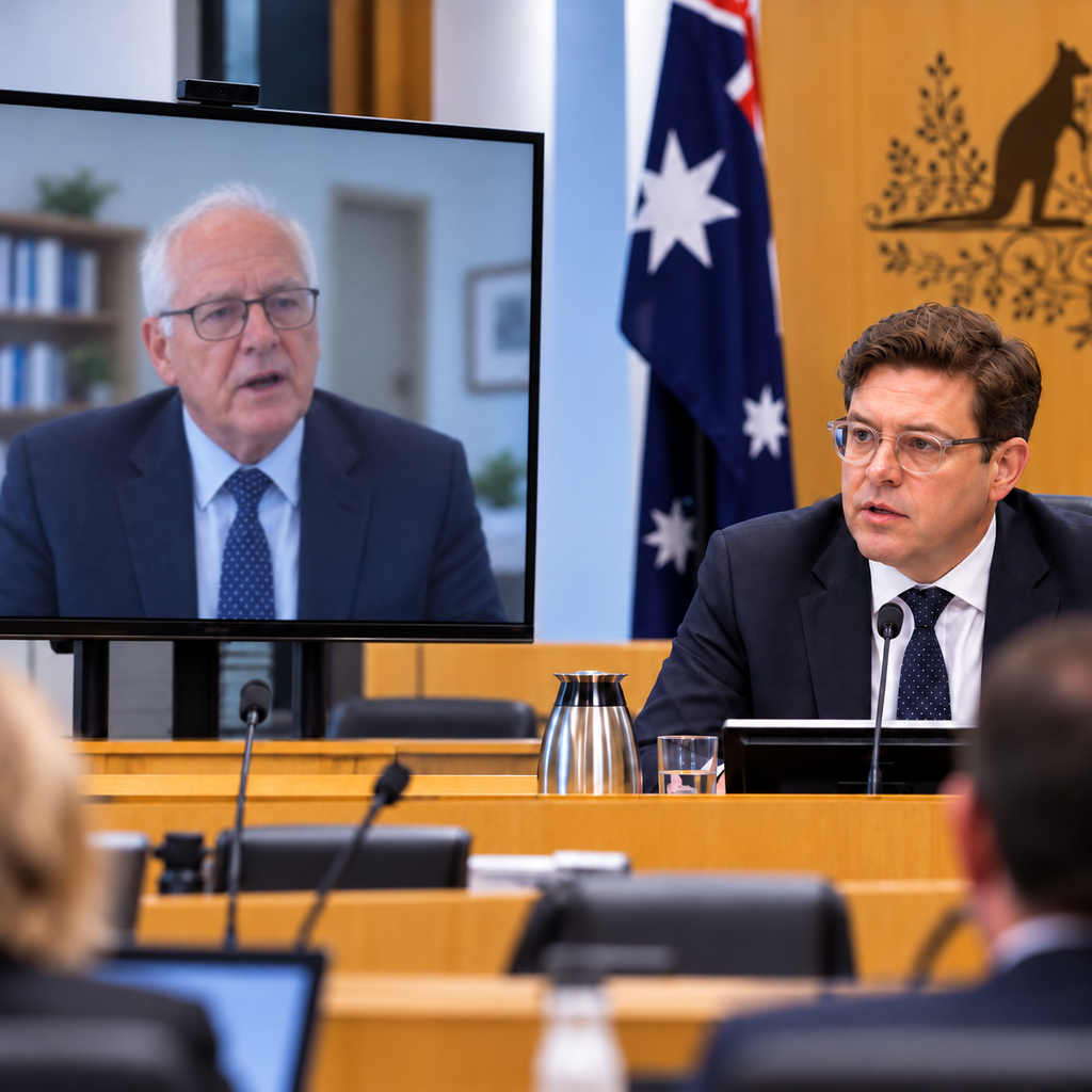 AI-generated editorial illustration of a parliamentary committee hearing, with Bruce Hales appearing by video link and committee chair Jerome Laxale seated separately